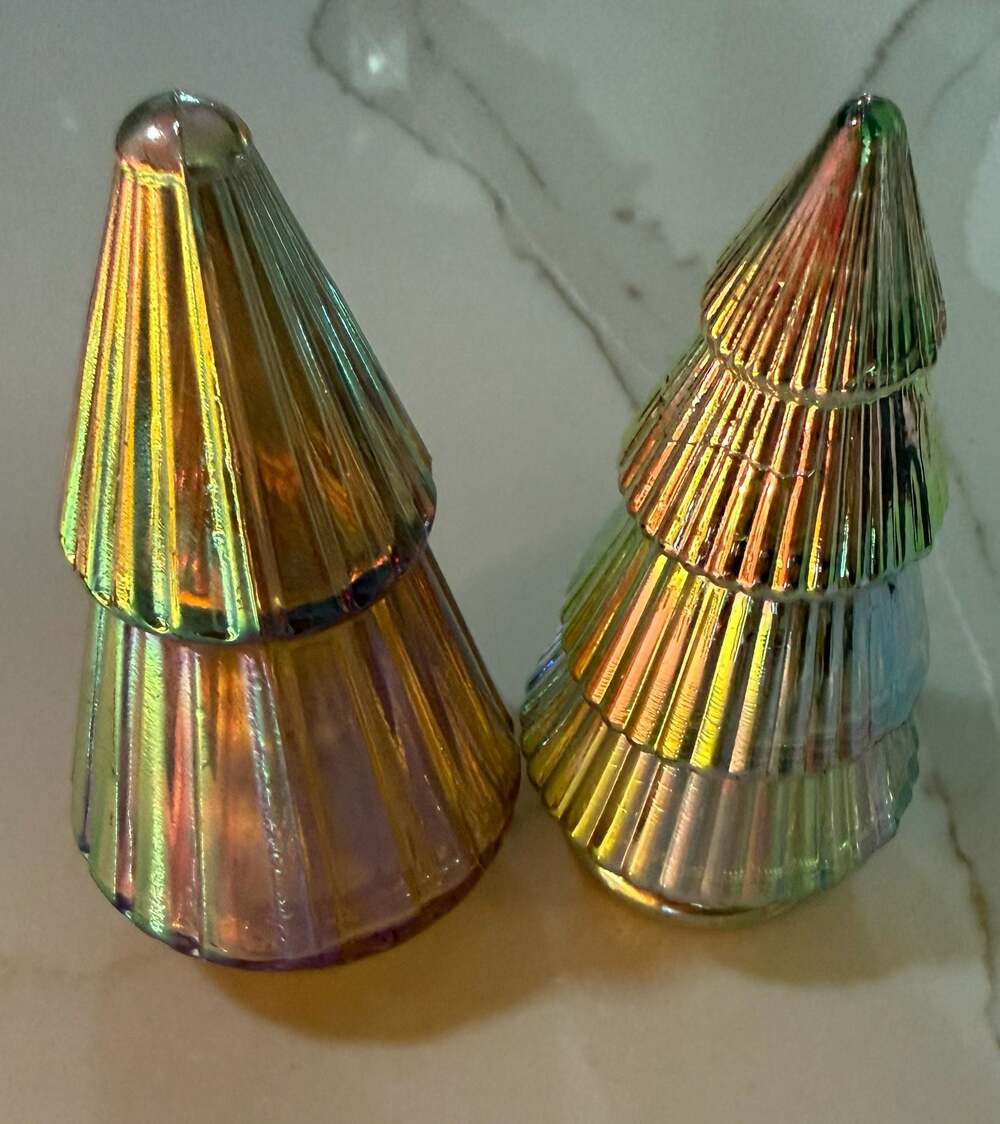 Set of 2 Iridescent Ribbed Glass Christmas Tree Figurines